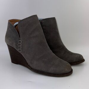 Lucky Brand Yimme Wedge Booties 8.5 heeled ankle boots gray leather boho neutral